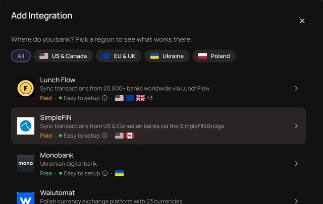 Bank provider picker listing LunchFlow, SimpleFIN, and Monobank